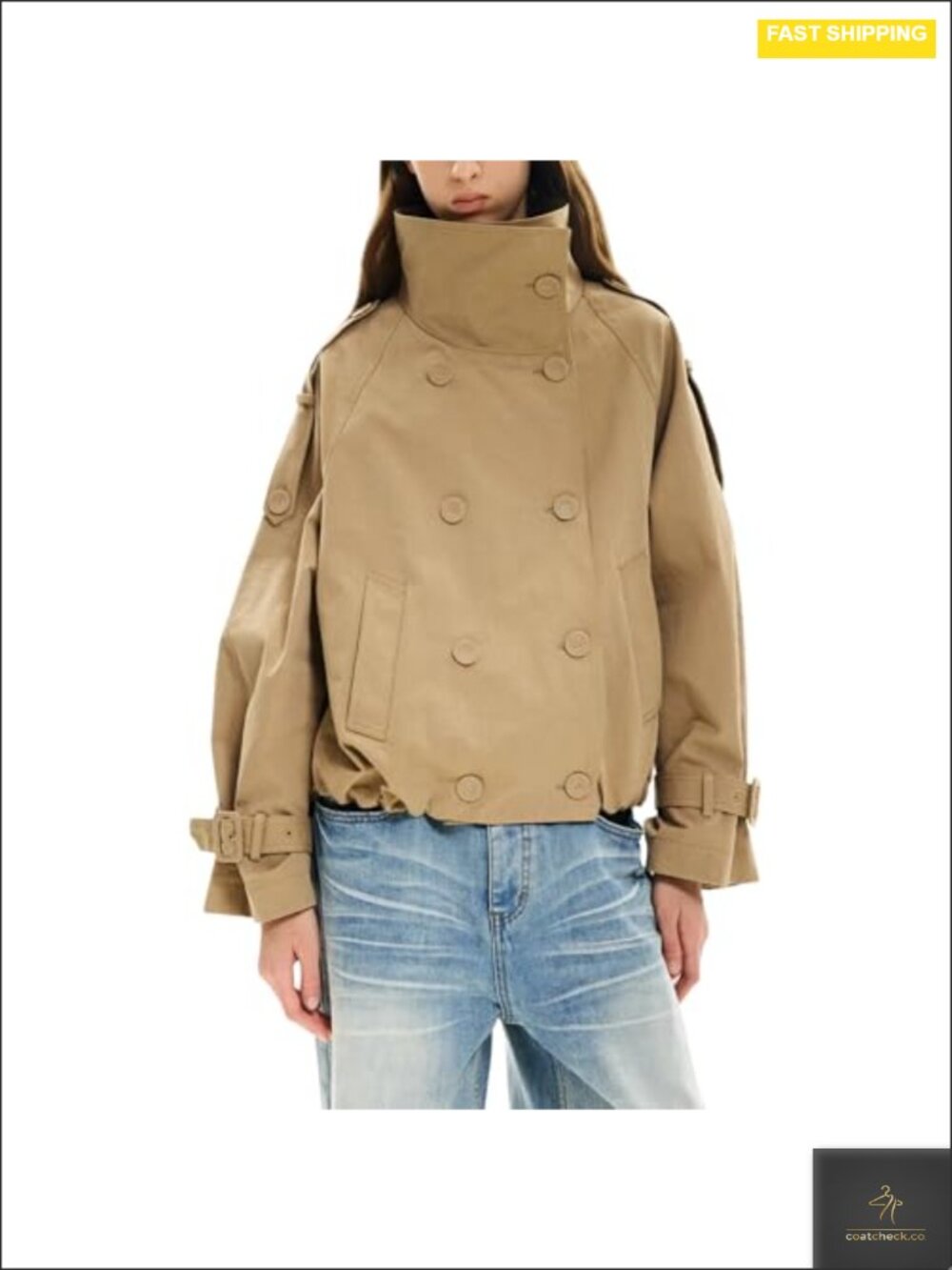 Women's Cropped Trench Coat Funnel Neck Double Breasted Pleated Hem with Pockets